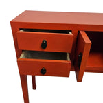 Vibrant Crimson Oriental Console Table with Classic Brass Hardware