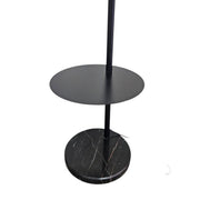 Minimalist Black Metal Arched Floor Lamp with Integrated Table and Marble Base