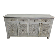Handcrafted Distressed Grey Carved Floral Solid Wood Sideboard