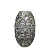 Geometric Smoked Glass Large Oval Vase with Gilded Lattice Details