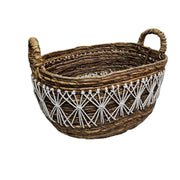 Home Center Rustic Woven Rattan and White Jute Decorative Basket