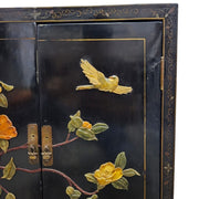 Vintage Oriental Black Lacquered Raised Relief Accent Cabinet