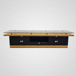 Streamlined Floating Glass Top Oak and Matte Black Media Console