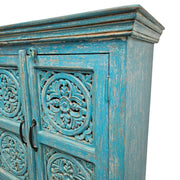 Detailed Mandala Carved Blue Distressed Wood Three Door Sideboard
