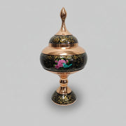 Persian Enameled Copper Decorative Pedestal Candy Jar with Finial Lid
