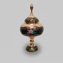 Persian Enameled Copper Decorative Pedestal Candy Jar with Finial Lid
