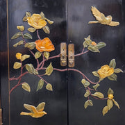 Vintage Oriental Black Lacquered Raised Relief Accent Cabinet