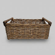 Natural Earth-Toned Woven Rattan Basket with Sturdy Wooden Handles