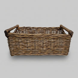 Natural Earth-Toned Woven Rattan Basket with Sturdy Wooden Handles