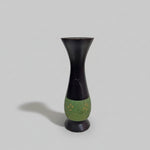 Hand-Carved Dark Wooden Trumpet Vase with Green Floral Inlay