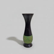 Hand-Carved Dark Wooden Trumpet Vase with Green Floral Inlay