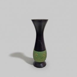 Hand-Carved Dark Wooden Trumpet Vase with Green Floral Inlay