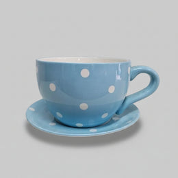 Artisanal Polka Dot Sky Blue Ceramic Oversized Teacup and Saucer Set