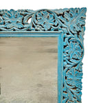 Artisanal Distressed Teal Hand Carved Solid Wood Wall Mirror
