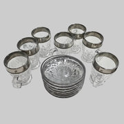 Japanese Vintage Cut Glass Silver Rimmed Tea Cups and Saucers Set