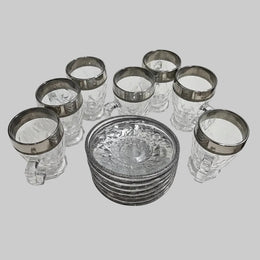 Japanese Vintage Cut Glass Silver Rimmed Tea Cups and Saucers Set