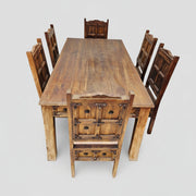 Medieval Style Teakwood Dining Table and Six Panel Back Chairs Set