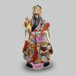Vibrant Hand-Painted Chinese Famille Rose Fu Lu Shou Statue