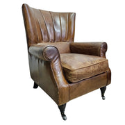 THE One Vintage-Style Fluted Brown Leather Armchair on Castors