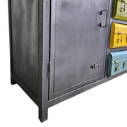 Industrial Matte Black Metal Credenza with Multi-Colored Trunk Drawers
