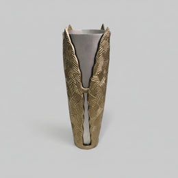 Sleek Industrial Metal Fluted Vase with Textured Brass Feather Jacket