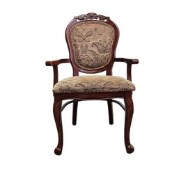 Victorian Style Carved Wood Medallion Back Fabric Armchair