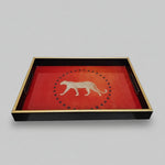 Exotic Leopard Motif Red and Black Lacquered Wooden Serving Tray
