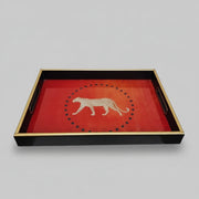 Exotic Leopard Motif Red and Black Lacquered Wooden Serving Tray