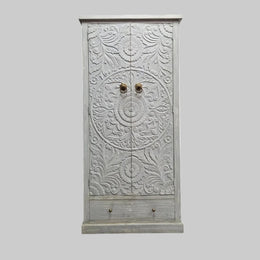 Hand-Carved Mandala Wooden Cabinet in Distressed White