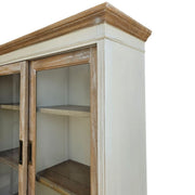 French Farmhouse Distressed White and Natural Timber Glass Display Dresser Cabinet