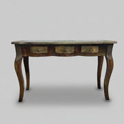 Vintage Brass-Inlay Wooden Console Table