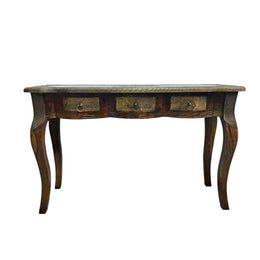 Vintage Brass-Inlay Wooden Console Table