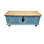 Indian Vintage Hand-Carved Blue Patina Wooden Storage Trunk