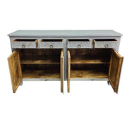 Handcrafted Distressed Grey Carved Floral Solid Wood Sideboard