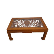 Traditional Asian Carved Wood Coffee Table with Glass Top