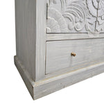 Hand-Carved Mandala Wooden Cabinet in Distressed White