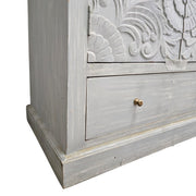 Hand-Carved Mandala Wooden Cabinet in Distressed White