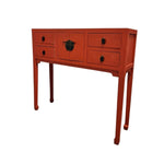 Vibrant Crimson Oriental Console Table with Classic Brass Hardware