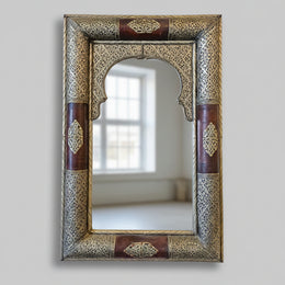 Exquisite Moorish Hand-Carved Camel Bone and Embossed Metal Moroccan Mirror
