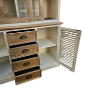 French Farmhouse Distressed White and Natural Timber Glass Display Dresser Cabinet