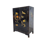 Vintage Oriental Black Lacquered Raised Relief Accent Cabinet