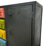Industrial Matte Black Metal Credenza with Multi-Colored Trunk Drawers