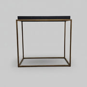 Marina Home Industrial Brass Frame and Black Faux Leather Tray Console Table
