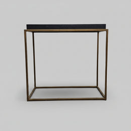Marina Home Industrial Brass Frame and Black Faux Leather Tray Console Table