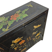 Vintage Oriental Black Lacquered Raised Relief Accent Cabinet