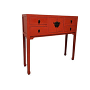Vibrant Crimson Oriental Console Table with Classic Brass Hardware