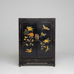 Vintage Oriental Black Lacquered Raised Relief Accent Cabinet