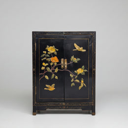 Vintage Oriental Black Lacquered Raised Relief Accent Cabinet