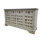 Hand-Carved Whitewashed Wooden Rustic Sideboard