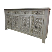 Handcrafted Distressed Grey Carved Floral Solid Wood Sideboard